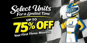 All-Purpose Storage ad: a goat racer gives a thumbs-up next to text offering up to 75% off for three months