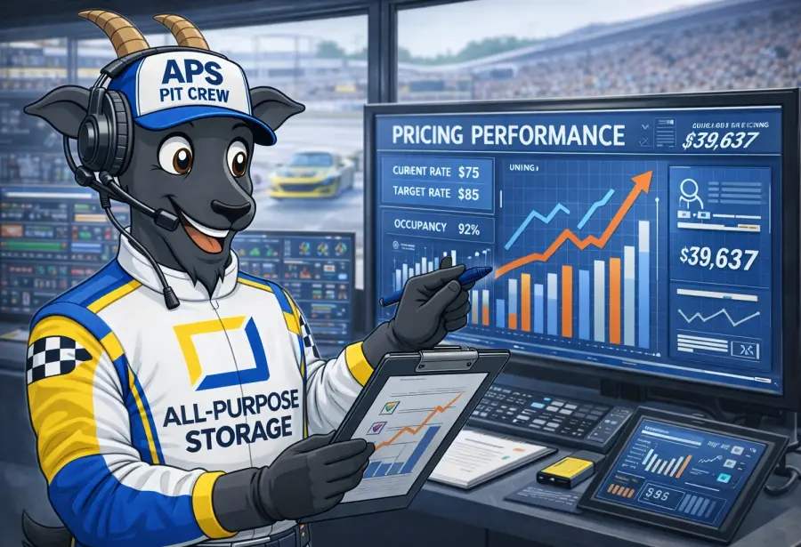 Goat mascot in racing attire analyzes performance graphs at a workstation overlooking a racetrack